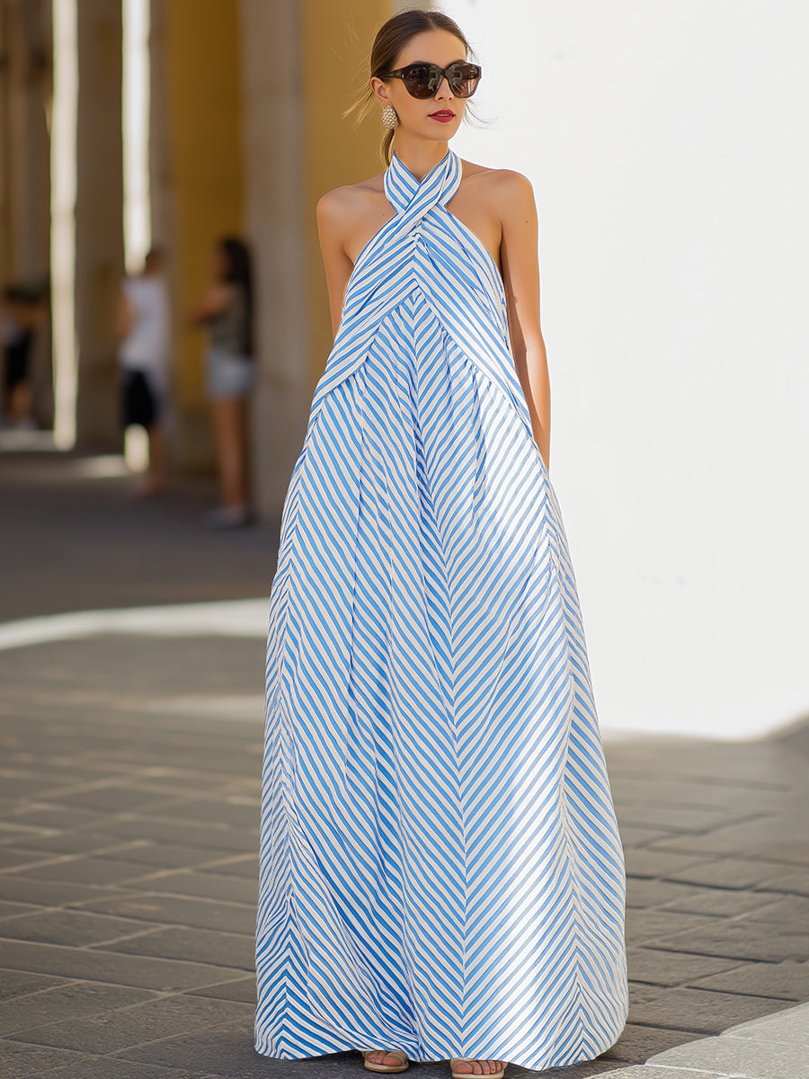 Pearlvelle Blue White Stripe Halter Neck Flowy Maxi Dress