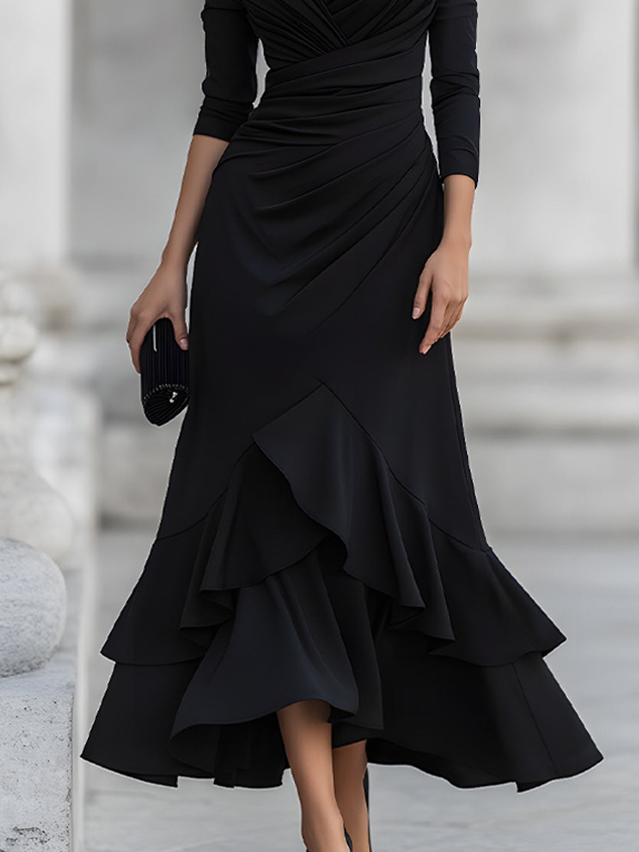 Pearlvelle Black One Shoulder Ruched Ruffle Hem Maxi Dress